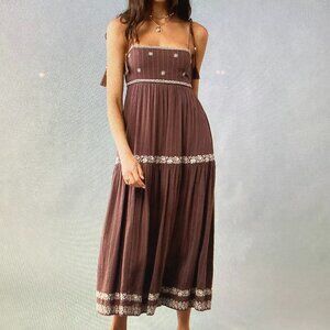 NWOT American Eagle Brown Empire Waist Embroidered Dress Women Size M